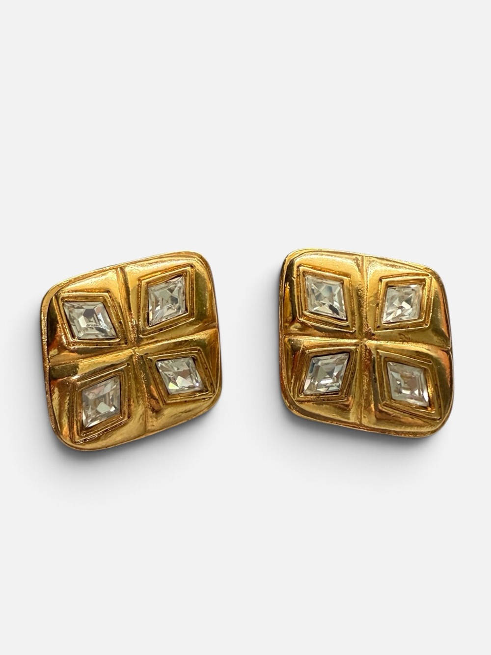 CHANEL Vintage Gold Plated Rhinestone Diamond Quilt Clip On Earrings